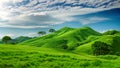 A vibrant, green hillside covered in grass stretches out beneath a clear blue sky, Lush green hills under a clear blue sky