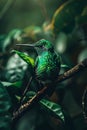 Emerald Hummingbird Perched on Branch in Lush Greenery Royalty Free Stock Photo