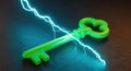 Vibrant Green Key Illuminated by Electric Blue Lightning Strikes on Dark Textured Surface Royalty Free Stock Photo