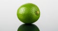 A vibrant green lime with a bumpy texture rests on a reflective surface. Its glossy ski Royalty Free Stock Photo