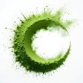 Vibrant green matcha powder explosion forms circular frame on white background. Fine powder particles and droplets create dynamic Royalty Free Stock Photo