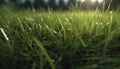 Vibrant green meadow in summer sunlight, dew drops on blades generated by AI