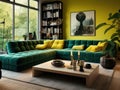Vibrant green modular sofa in eclectic style interior design of modern living room