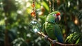 A Vibrant Green Parrot Perched on a Branch with Crystal Ornament Royalty Free Stock Photo