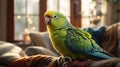 Adorable Green-Yellow Parrot on Cozy Sofa Royalty Free Stock Photo
