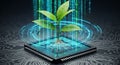 Green plant growing from computer chip with digital rain and glowing circuits technology nature Royalty Free Stock Photo