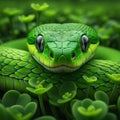 A vibrant green snake amidst lush clover, showcasing its detailed scales and intense gaze. The snakeâs intricate scale