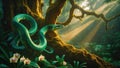Emerald Green Snake Coiled on a Mossy Tree Branch in a Lush Tropical Rainforest Royalty Free Stock Photo