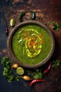 Vibrant green soup in a rustic bowl. Generative AI Royalty Free Stock Photo