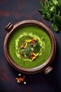 Vibrant green soup in a rustic bowl. Generative AI Royalty Free Stock Photo
