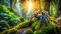 Vibrant green tarantula on mossy rock in lush forest sunlight. Generative AI Royalty Free Stock Photo