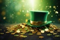 A vibrant green top hat rests atop a stack of gleaming coins, creating a striking image of wealth and st