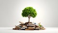 Tree of Knowledge: A Green Tree Growing from a Pile of Books on White Background Royalty Free Stock Photo