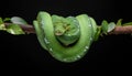 Vibrant Green Tree Python Coiled on a Branch Against a Dark Background Royalty Free Stock Photo