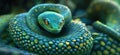 Vibrant green tree python coiled in intricate patterns showcasing stunning scales Royalty Free Stock Photo