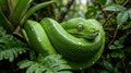 Vibrant green tree python coiled among lush tropical ferns Royalty Free Stock Photo