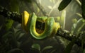 Green Tree Python Coiled on Branch in Lush Rainforest Royalty Free Stock Photo