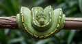 Green Tree Python Coiled on a Branch with Yellow Markings and Blurred Green Foliage snake reptile Royalty Free Stock Photo