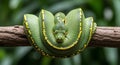 A Green Tree Python Coiled on a Branch with Yellow Markings Against a Blurred Green Background Royalty Free Stock Photo
