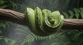 Green Tree Python Coiled on a Branch in Lush Tropical Rainforest Royalty Free Stock Photo