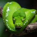 Coiled Green Tree Python Stares Intently from a Branch Royalty Free Stock Photo