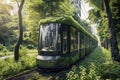 Vibrant green trolley gliding amidst lush city trees, AI-generated.