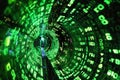 A vibrant green tunnel filled with binary code depicts the concept of digital data flowing Royalty Free Stock Photo