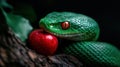 Vibrant green viper with red eyes and apple on tree bark Royalty Free Stock Photo