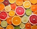 A vibrant grid display of assorted citrus fruits slices