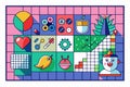 A vibrant grid layout features various playful icons and shapes in bold colors creating an engaging design, Customizable grid