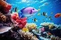 A vibrant group of fish gracefully swimming over a sprawling coral reef teeming with life., A school of multicolored tropical fish