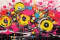 Vibrant grunge collage vinyl records and pop art graffiti blend in a burst of colorful hues