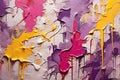 Vibrant Grunge Plaster Wall: Purple, Pink, Magenta, White, Yellow Palette with Colorful Drips for a Contemporary Background.