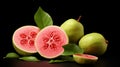 Vibrant Guava: Fresh Fruits With Green Foliage On Black Background