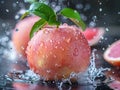 Vibrant GUAVA splashing with water and ice on elegant black background Jug of guava juice on rustic wooden table