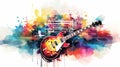 Vibrant guitar and piano keys on artistic watercolor background illustrating music concept Royalty Free Stock Photo