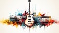 Vibrant guitar and piano keys on colorful watercolor illustration, artistic music concept background Royalty Free Stock Photo