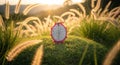 Half a Dragon Fruit on Green Grass with Sunrise Background, Tropical Delight Royalty Free Stock Photo