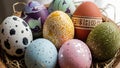 Vibrant Hand-Decorated Easter Eggs in a Rustic Nest Royalty Free Stock Photo