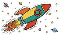 Colorful Cartoon Rocket in Space with Stars and Planets Royalty Free Stock Photo