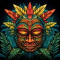 Vibrant Hand-drawn Tribal Mask in Tropical Rainforest