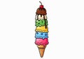 Tall Stack of Colorful Ice Cream Cones with Cherry Topping - Vector Illustration Royalty Free Stock Photo