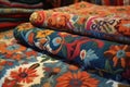 Vibrant hand made quilts with stylized Hungarian motifs like flowers, birds or village scenes. Focus on the handcrafted textiles