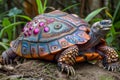 Vibrant Hand Painted Turtle Sculpture Displayed in Natural Garden Setting with Elaborate Colorful Patterns