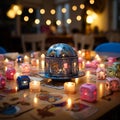 Vibrant Hanukkah Delight: Spinning Dreidels Amidst Festive Decorations