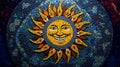 Vibrant happy mosaic sun crafted of yellow ceramic pieces shines against backdrop of blue mosaic