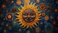 Vibrant happy mosaic sun crafted of yellow ceramic pieces shines against backdrop of blue mosaic