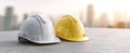 The vibrant hard hats ready for a productive day on the construction site. AI generated image Royalty Free Stock Photo