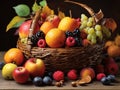 Vibrant Harvest: A Cornucopia of Colorful fruits in a Rustic Basket AI generated image