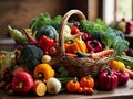 Vibrant Harvest: A Cornucopia of Colorful Vegetables in a Rustic Basket AI generated image